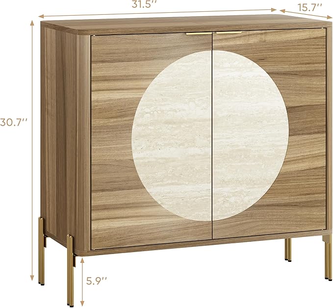 Modern Sideboard Buffet Cabinet, Wood Accent Cabinet with Faux Travertine Inlay & Gold Legs, Storage Cabinet for Dining Room, Living Room, Entryway