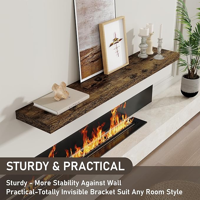 Fun Memories 48 Inch Floating Shelves for Wall 8 Inch Deep Rustic Brown Shelves Set of 2, Wall Mounted Rustic Wood Long Floating Shelf, Large Display & Storage Shelf with Invisible Brackets