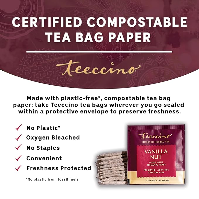 Teeccino Vanilla Nut Herbal Tea - Rich & Roasted Herbal Tea That’s Caffeine Free & Prebiotic for Natural Energy, 25 Tea Bags (Pack of 3)