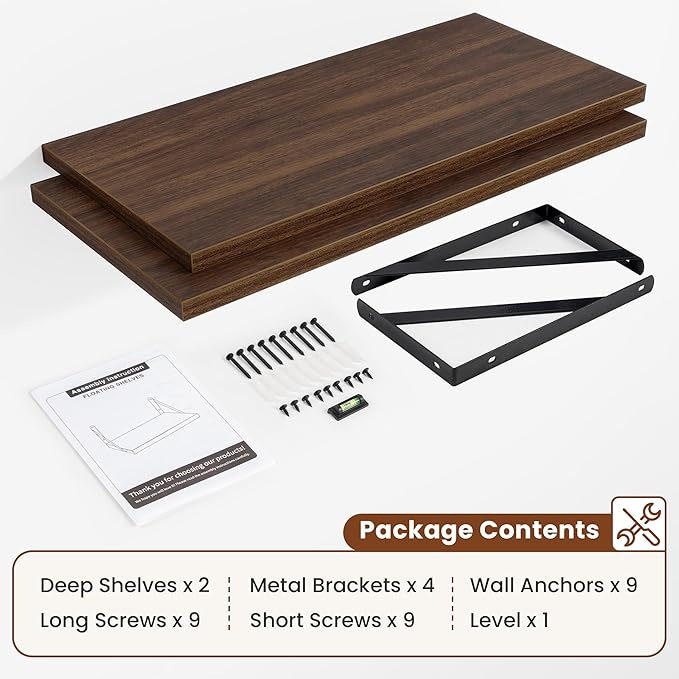 Deep Wall Shelves 30"W x 12"D Engineered Wood Floating Shelves for Wall, Sturdy Metal Bracket Bookshelves Home Decor Storage for Living Room Bedroom Bathroom Kitchen, Set of 2, Walnut Finish