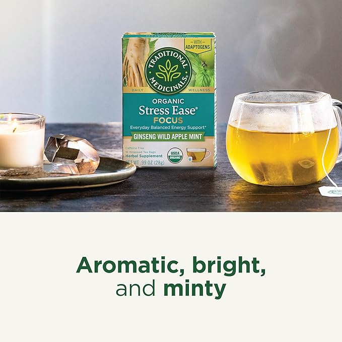 Traditional Medicinals Tea, Organic Stress Ease Focus, with Adaptogens, Everyday Balanced Energy, Ginseng Wild Apple Mint, 96 Tea Bags