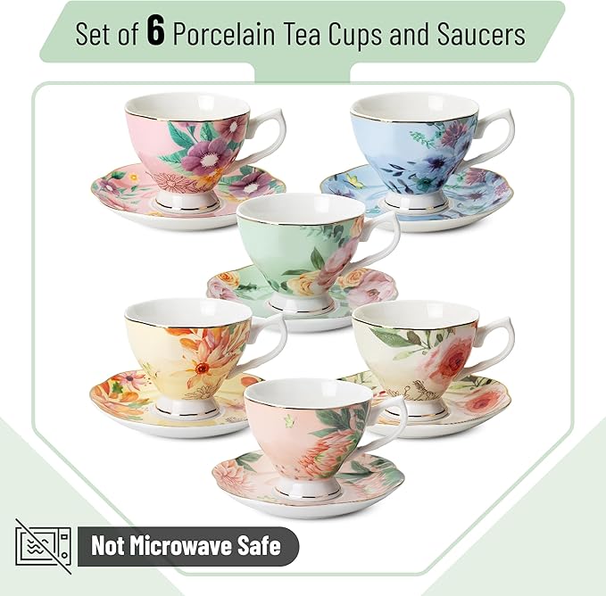 BTaT- Floral Tea Cups and Saucers Set of 6 (8 oz), Porcelain Tea Cups Set of 6, Pastel Flower Garden Design with Gold Trim, Dishwasher Safe