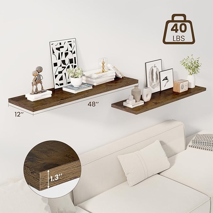 Dreamland 48" Floating Shelves for Wall, 12" Deep Slim Rustic Brown Floating Shelves, Wall-Mounted Shelves for Bedroom, Living Room, Kitchen, Bathroom - Set of 2