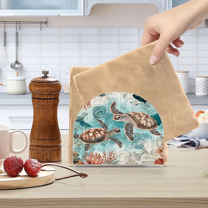 Vintage Ocean Sea Turtle Map Napkin Holder for Table Paper Cocktail Napkin Holders for Kitchen Dinning Acrylic Dinner Napkin Dispenser for Dinner Home Decor Bar 1 Pack
