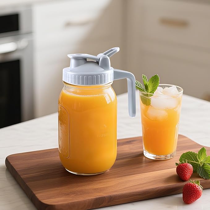Mason Jar Pitcher With Pour Lid 32 Oz Glass Breast milk Storage Jug 1 Quart Wide Mouth Glass Tea Pitcher With Handle Creamer Container For Fridge Juice, Cold Brew Coffee,Lemonade,Beverage 2 Set