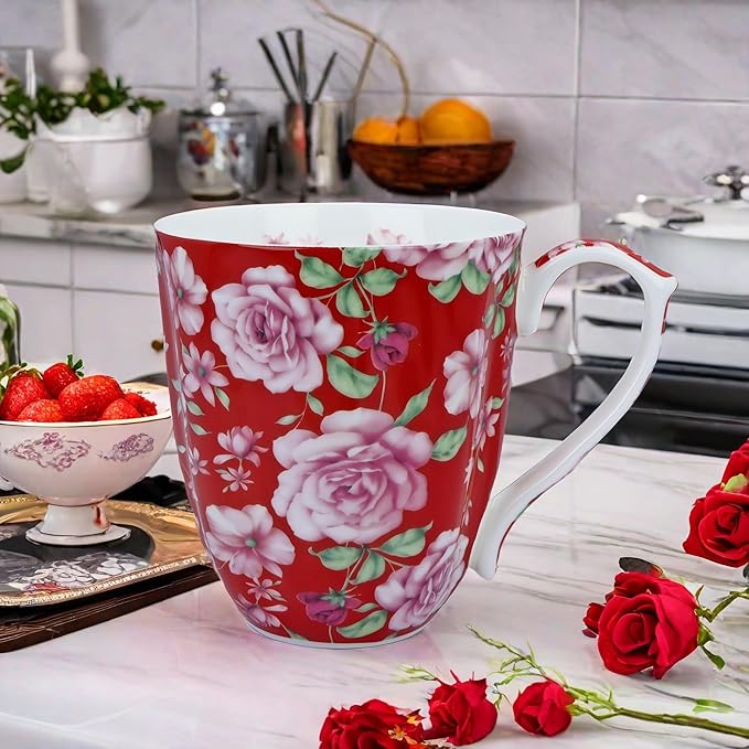 14oz Bone China Coffee Mugs for Women Floral Coffee Mug Tea Cups Novetly Coffee Cups Gift for Women Mom Friends (Bright red rose)