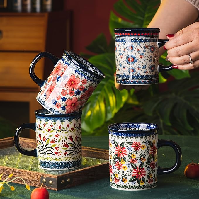 Ceramic Latte Mug Set of 4, 15.5oz Hand Painted Porcelain Coffee Cups With Handle for Tea/Milk/Cocoa - Modern Retro Design For Any Kitchen. Microwave and Dishwash Safe (Assorted Colors)