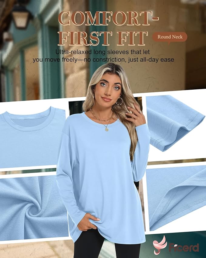 Ficerd 3 Pack Women's Oversized Long Sleeve Shirts Cotton Gym Round Neck Tops Loose Fit Casual Workout Baggy Fall Basic Tee