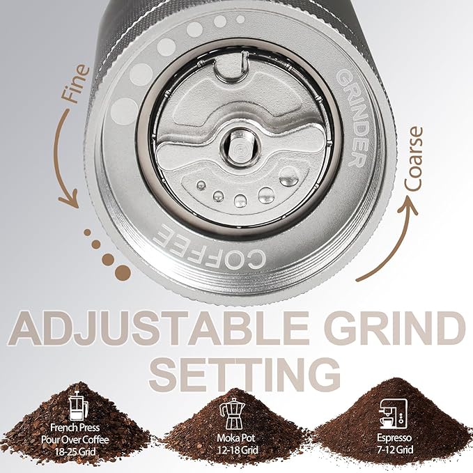 Detachable Manual Coffee Grinder with 25 Level Stainless Steel Conical Burr Portable Aluminum Coffee Bean Grinder Suitable for Moka Pot Espresso French Press Pour Over Maker Easy Cleaning with Brush