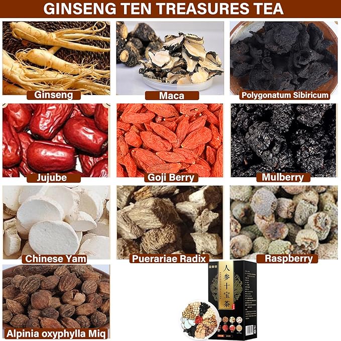 10 Bags Ginseng Ten Treasures Tea, Chinese Herbal Kidney Detox Tea for Men & Women, 10 Precious Ingredients Formula (260g,10 bags/Box)