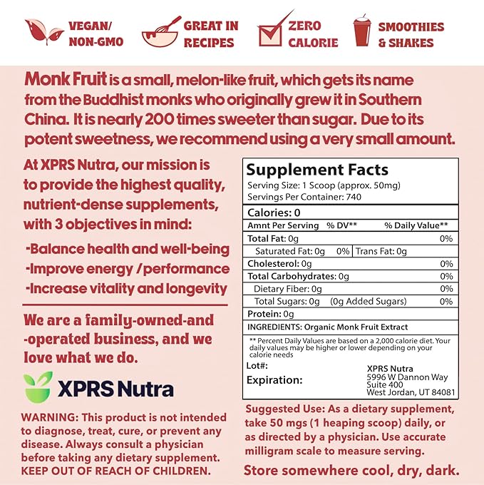 XPRS Nutra Monk Fruit Extract Powder - 1.3 Ounces of Premium 25% Mogroside Monk Fruit Sweetener Sugar Substitute