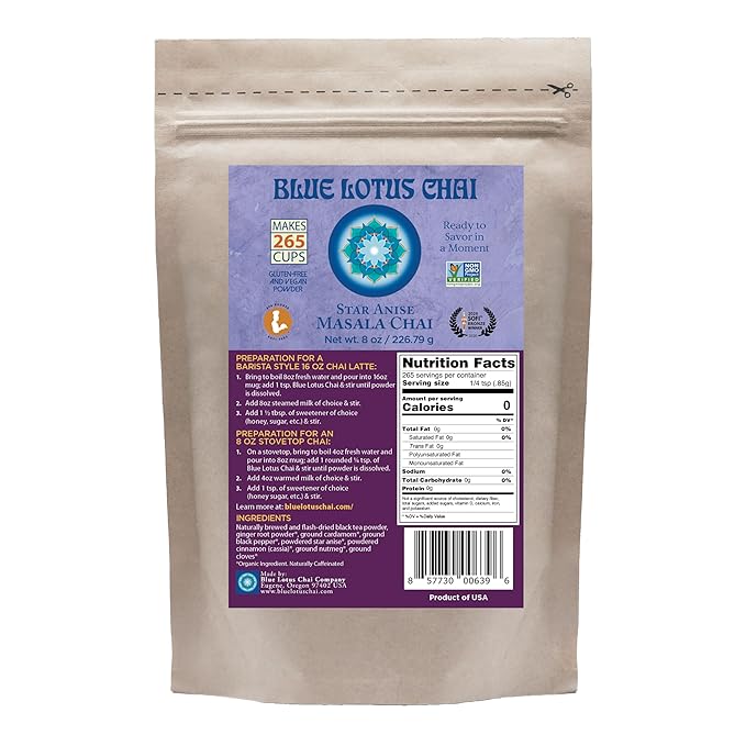 Blue Lotus Chai – Star Anise Masala Chai - Makes 265 Cups – Just Add Hot Water, No Steeping, No Gluten - 8 Ounce Masala Chai Powder with Organic Spices – Authentic Indian Tea