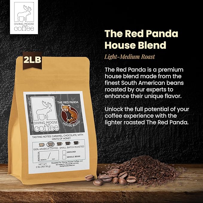 Diving Moose Coffee - The Red Panda House Blend Medium Light Roast (32oz / 2 LB) - Chocolate Caramel Honey Specialty Grade Small-Batch Roasted to Order Smooth Not Bitter