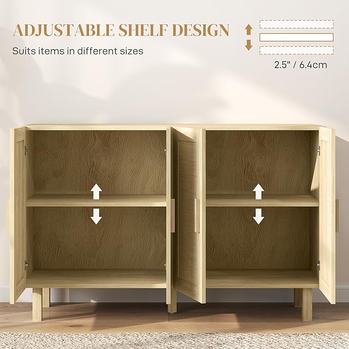 HOMCOM Boho Sideboard Buffet Cabinet, Coffee Bar Cabinet with 4 Rattan Doors and Adjustable Shelves for Kitchen, Living Room, Natural