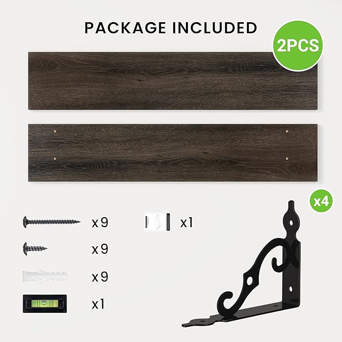 RICHFOCUS Floating Shelves for Wall Decor, 39.4W x 8D Shelves Set of 2, 8 Inch Deep Rustic Wood Shelves Wall Mounted with Brackets, Long Floating Shelves for Living Room Bedroom Kitchen, Black