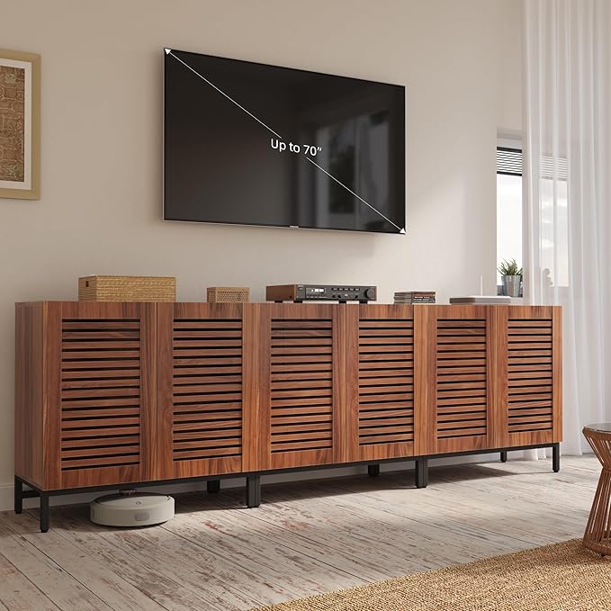 JOMEED Buffet Sideboard Cabinet with Grille-Striped Doors & Adjustable Shelf, Wood Storage Cabinet for Kitchen, Dining Room, Living Room, Entryway Walnut