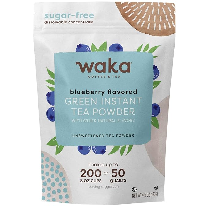 Waka Instant Green Tea Mix, Blueberry Flavored - 100% Tea Leaves, No Additives, Unsweetened Tea Powder in Bulk Pouch – Easy Quick Hot and Iced Teas, Up to 200 Cups (4.5oz)