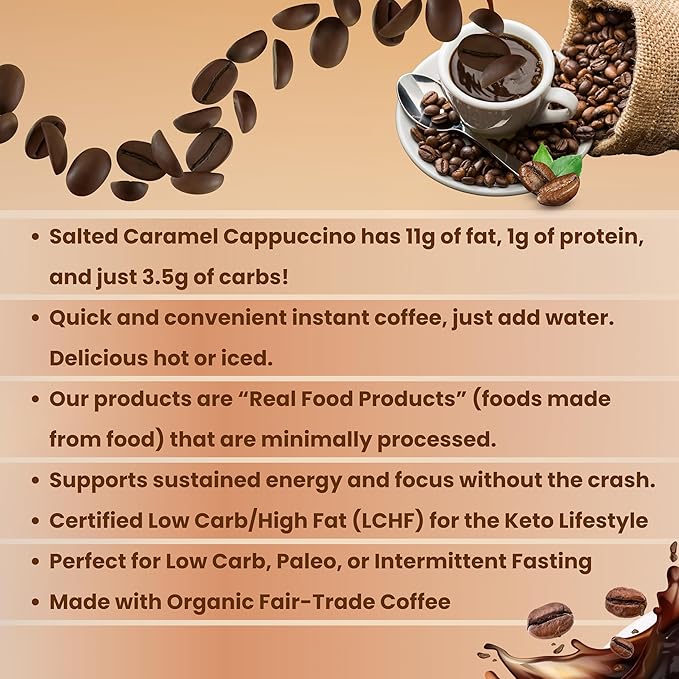 Keto Cappuccino - Salted Caramel - Keto Instant Coffee Mix with MCT Oil - Low Carb/High Fat, Organic Coffee Supports Ketosis - Energy Coffee - No Sugar - Made in USA – 28 Servings