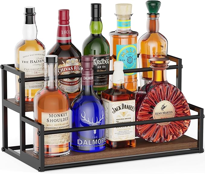 THYGIFTREE Liquor Bottle Display Shelf 2 Tier Rack Holder Bar Shelf Stand for Wine Whiskey Risers Organizer Kitchen Countertop