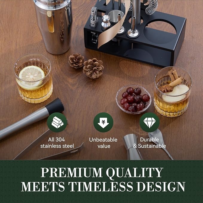 TNGO Cocktail Shaker Set Bartender Kit - Mixology Bar Kit with Natural Stand - Premium Home Bar Tool Set All Bar Accessories Includes Drink Mixer, Muddler, Jigger, Strainer, Bar Mixer Spoon