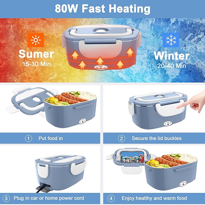 Electric Heated Lunch Boxes Adults: 80W Electric Lunch Box Food Heated 12/24/110V 1.5L Heatable Lunch Box for Car/Truck/Office Leak-Proof Stainless Steel Container,Fork & Spoon,Bag (Light Blue+White)