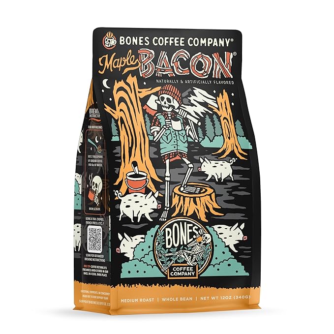 Bones Coffee Company Maple Bacon, Bacon and Maple Syrup Flavored Coffee, Medium Roast Low Acid Arabica Beans Compatible with Auto drip and French Press Coffee Maker, 12 Oz Whole Bean