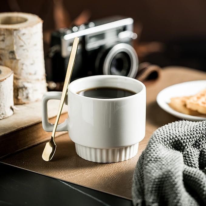 Coffee Mugs Set of 4, Stackable Coffee Cups with Holder Spoons 11oz Ceramic Espresso Cup for Cappuccino Latte Tea Drinks, Dishwasher & Microwave Safe, White
