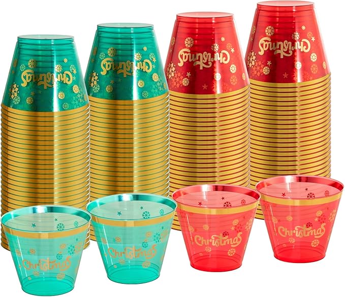 WELLIFE 60Pcs 9oz Christmas Plastic Cups, Disposable christmas Cups, Christmas plastic Tumblers, Includes 30Pcs Green cup and 30Pcs Red cups