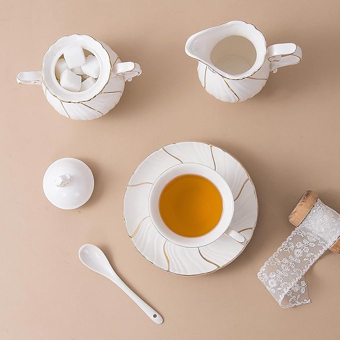 Tea Set 21-Piece Porcelain tea cups and saucers set of 6 with Sugar and Creamer Set & Teapot,teapot set for Adults, Women Tea Party,White