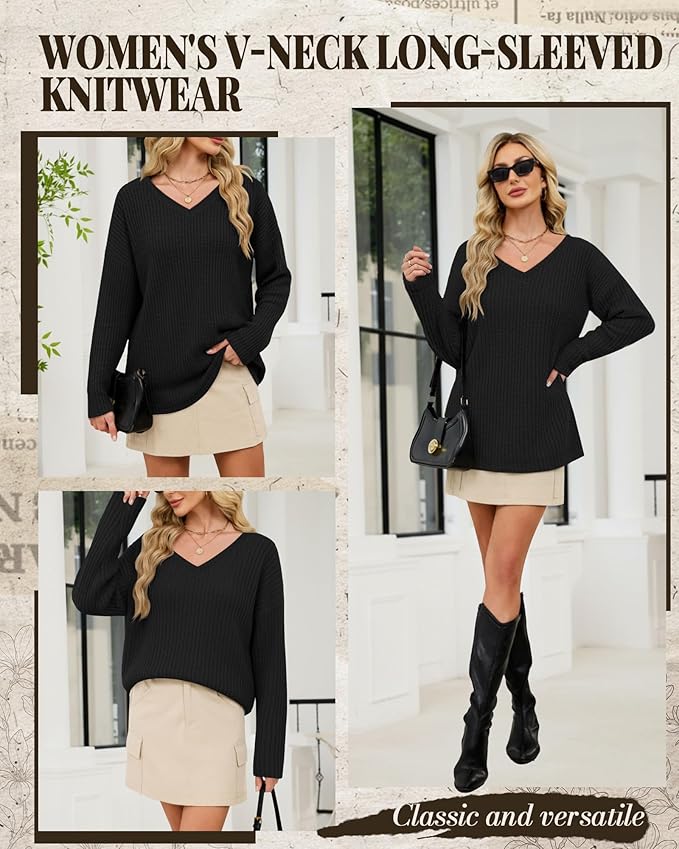 Women's V Neck Sweater Long Sleeve Knit Oversized Shirt Loose Lightweight Fall Casual Pullover Sweater Top