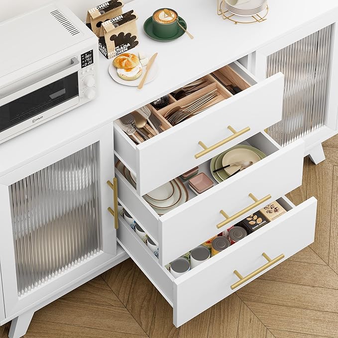 GarveeHome 56 Inch Buffet Cabinet Sideboard with Fluted Glass Doors and Gold Handles, Modern Sideboard Storage Cabinet with Adjustable Shelves, Coffee Bar Table for Kitchen Dining Room Living Room