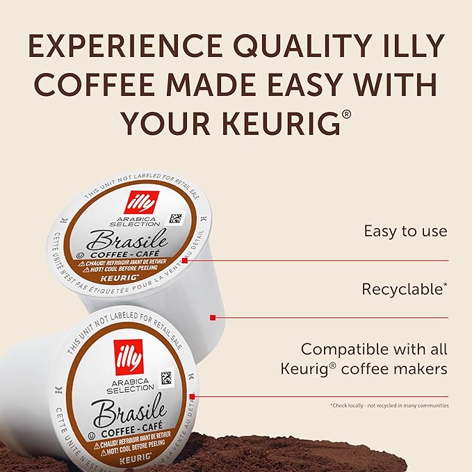 Illy Coffee K Cups - Compatible Pods for Keurig Coffee Maker - Single Origin Brazil Medium Roast - Notes of Caramel and Dried Fruit - 10 Count (Pack of 6)