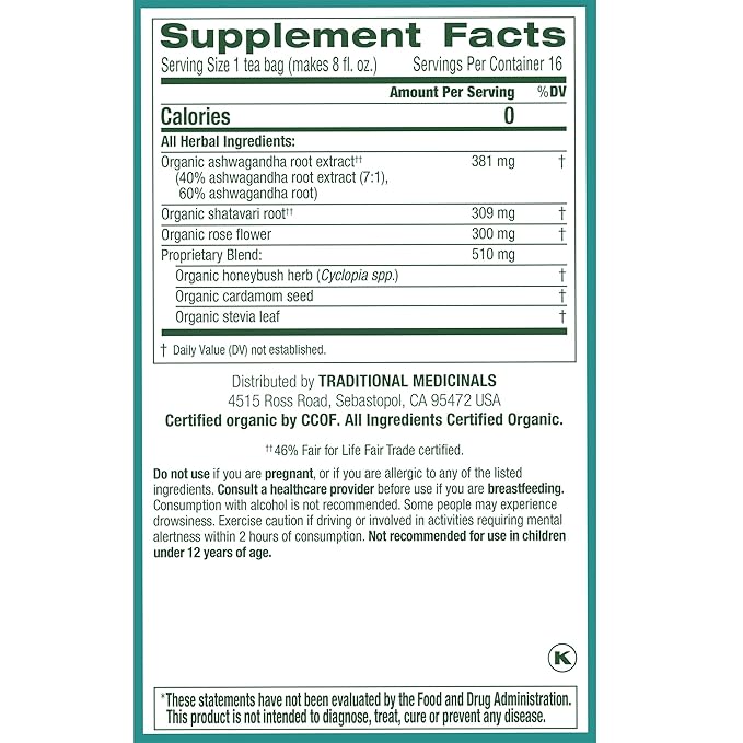 Traditional Medicinals Organic, Stress Ease Calm with Adaptogens, Ashwagandha & Honeybush - Promotes Relaxation - Kosher, Non-GMO, Caffeine-Free, Compostable - 96 Tea Bags (6 Packs of 16)
