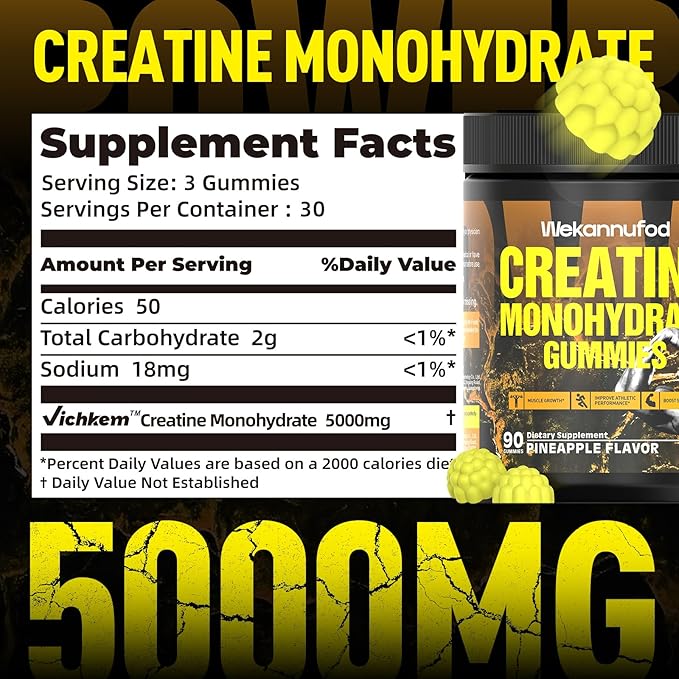 Creatine Monohydrate Gummies for Men & Women - 5,000mg Sugar-Free Creatine Supplement - Exclusive Soft Texture Technology, Non-GMO, (Pineapple - 90 Ct)