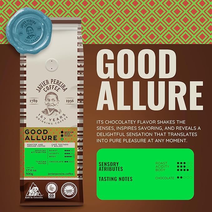 Javier Pereira Coffee - Good Allure Colombian Specialty Coffee – 100% Arabica – Medium Roast – Certified Café de Colombia – Ground – with white chocolate notes - 17.6 Oz