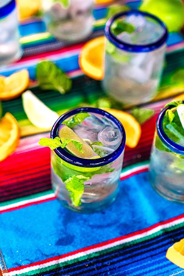 Set of 6 Hand-Blown Tumbler (10 oz) Glasses from Mexico with Cobalt Blue Rim - Rustic & Handcrafted Recycled Bubble Glass Drinking Glassware