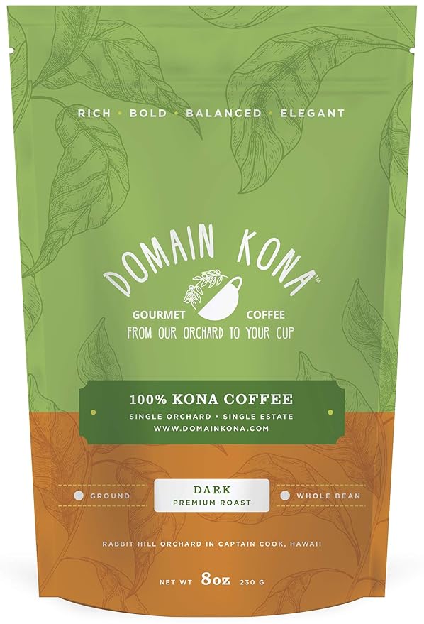 100% Kona Coffee – GROUND, Dark roast, Single estate gourmet coffee, 8 ounces, ships direct from Domain Kona Coffee, Farm fresh
