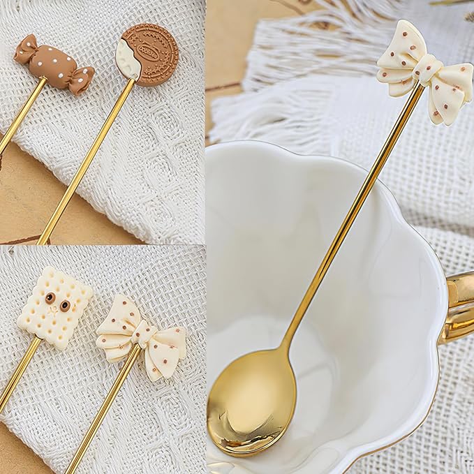 4-Piece Cute Cookie Gold Long Handle Coffee Spoons- 5.5" Teaspoons Stainless Steel Scoops for Coffee & Tea & Dessert Spoon, Perfect for Coffee Stirrers Small Tableware(Gift Packing#B)