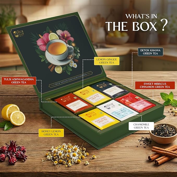Tea Leaf & Co. 6 Pack Premium Green Tea Bags Gift Combo Box (Tulsi Ashwagandha, Lemon Ginger, Detox Kahwa, Honey Lemon, Sweet Hibiscus & Green Chamomile) - 8Oz