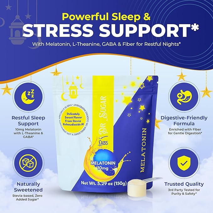 Dr Sugar Labs Sleep Aid Sweet Melatonin Blend – Sugar Replacement for Tea – 10mg Melatonin with L-Theanine, GABA & Fiber – Zero Sugar, Stevia-Sweetened – Made in USA, Third Party Tested – 30 Servings