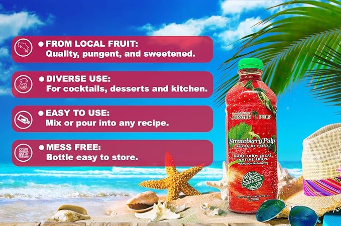 Jungle Pulp Strawberry Puree Costa Rica Blend, Topping, Flavoring Better than Syrup, Mix, for Cocktails, Smoothies, Daiquiri, Margarita, Tea, Desserts, Ice Cream and Juice. 33.8oz/1 Liter