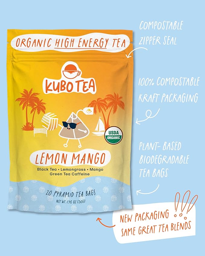 High Caffeine Tea (155 mg) – Kubo Tea: Organic Lemon Mango Black Tea Bags for Clean Energy & Focus | Healthy Coffee Substitute | Fruity Caffeine Blend | 20 Ct | Compostable Packaging