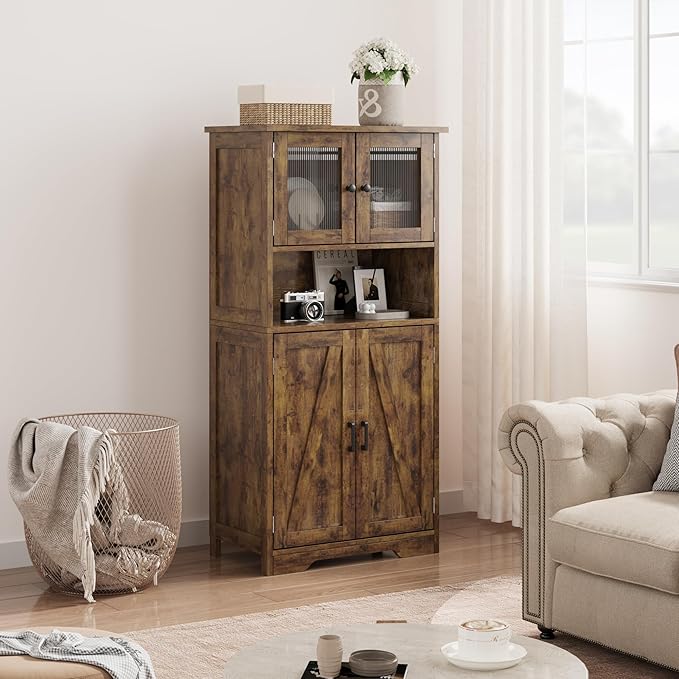 Storage Cabinets, 54 Inch Tall Hutch Bar Cabinet with Glass Doors and Adjustable Shelves, Wooden Kitchen Pantry Storage Cabinet, for Living Room,Rustic Brown
