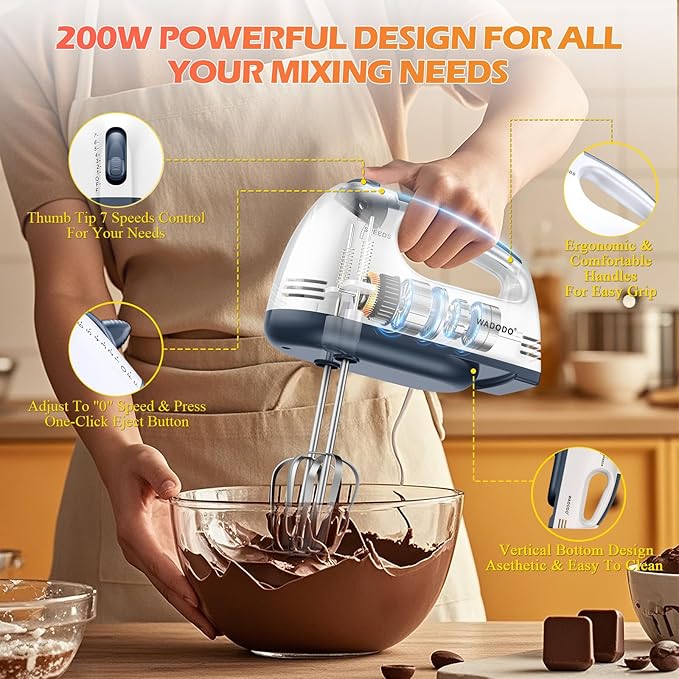 WADODO 200W Electric Hand Mixer, 7-Speeds Small Handheld Mixer with 304 Stainless Steel Beaters, Dough Hooks & Whisk Attachment, Portable Food Kitchen Mixer for Baking Cake Cookies Cream