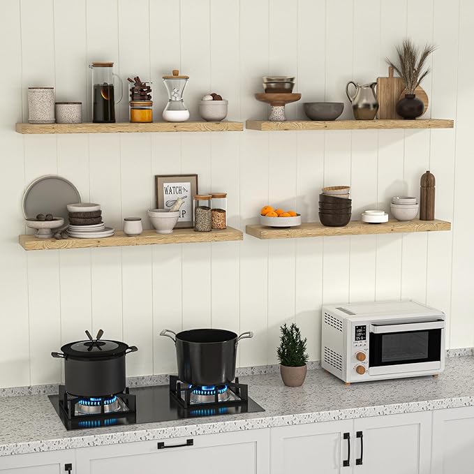 Fun Memories Floating Shelves for Wall Decor, 24"x8" Rustic Reclaimed Wood Shelves, Heavy-Duty Wall Mounted Shelves with Invisible Brackets, Set of 2for Living Room, Bedroom, Kitchen, Natural Finish