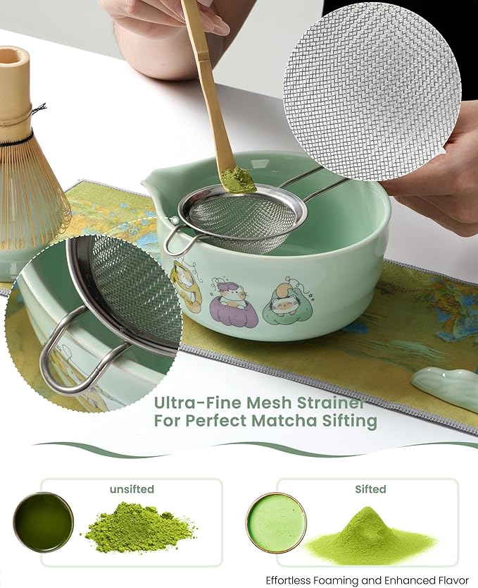 Matcha Whisk Tea Set Kit Japanese Matcha Kit - Matcha Bowl, Matcha Whisk and Holder, Bamboo Scoop, Scoop Rest, Sifter and Tea Towel - for Tea Ceremony Breakfast Lattes - Home Kitchen Christmas(Green)