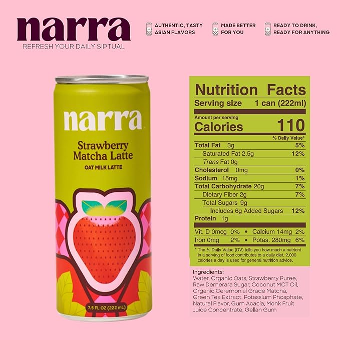 Narra, Oat Milk Tea Latte - Strawberry Matcha Latte, Organic Ceremonial Grade Matcha Natural Caffeine & L-Theanine, MCT Oil, Dairy Free, No Refined Sugar, Non-GMO, 7.5 Fl Oz (12 Pack)