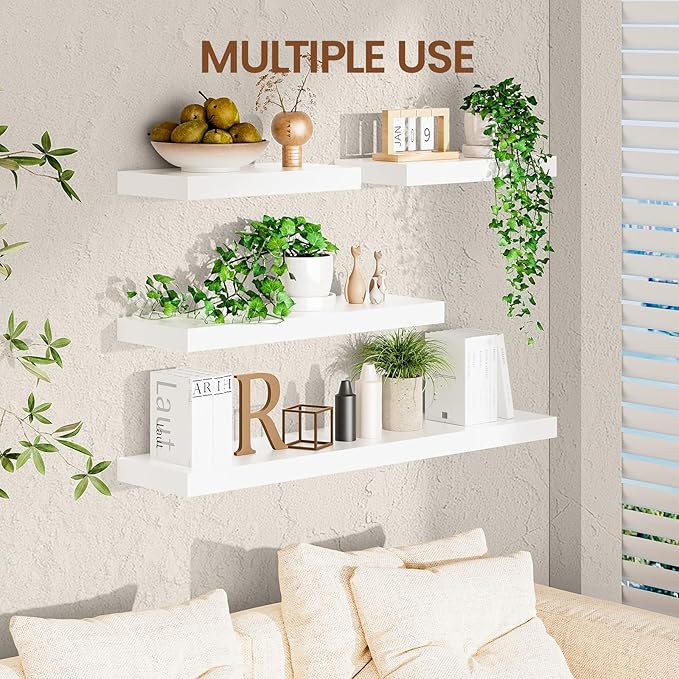 Heimlove 24 inch Floating Shelves for Wall,2 Packs Natural Pine Solid Wood Floating Shelves, 8 inches Deep Wooden Shelves for Kitchen Bedroom Office & Living Room Display Wall Decor
