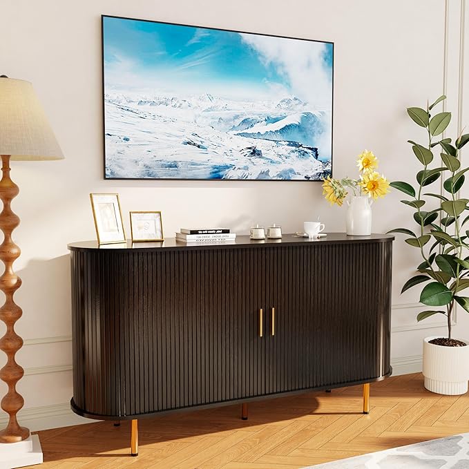 DHH Sideboard Buffet Cabinet with Storage,Mid Century Modern Fluted Accent Coffee Bar Console Table,Tambour Sliding Doors& Adjustable Shelf for Kitchen, Living Room, Entryway(Black, 55 Inch)