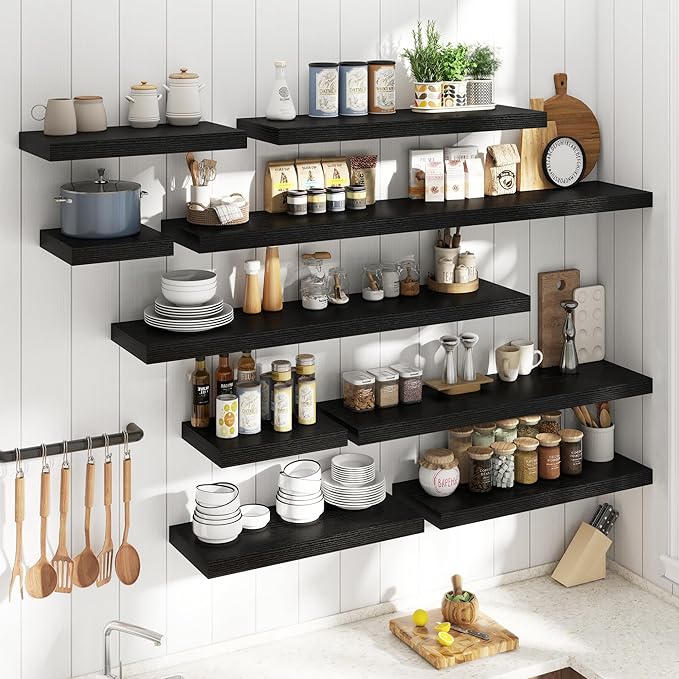 40 Inch Long Floating Shelves for Wall Set of 2, 12"D Wood Grain Bathroom Shelves with Invisible Brackets, Easy Install Engineered Wood Storage Shelves for Kitchen, Living Room, Bedroom, Black Finish